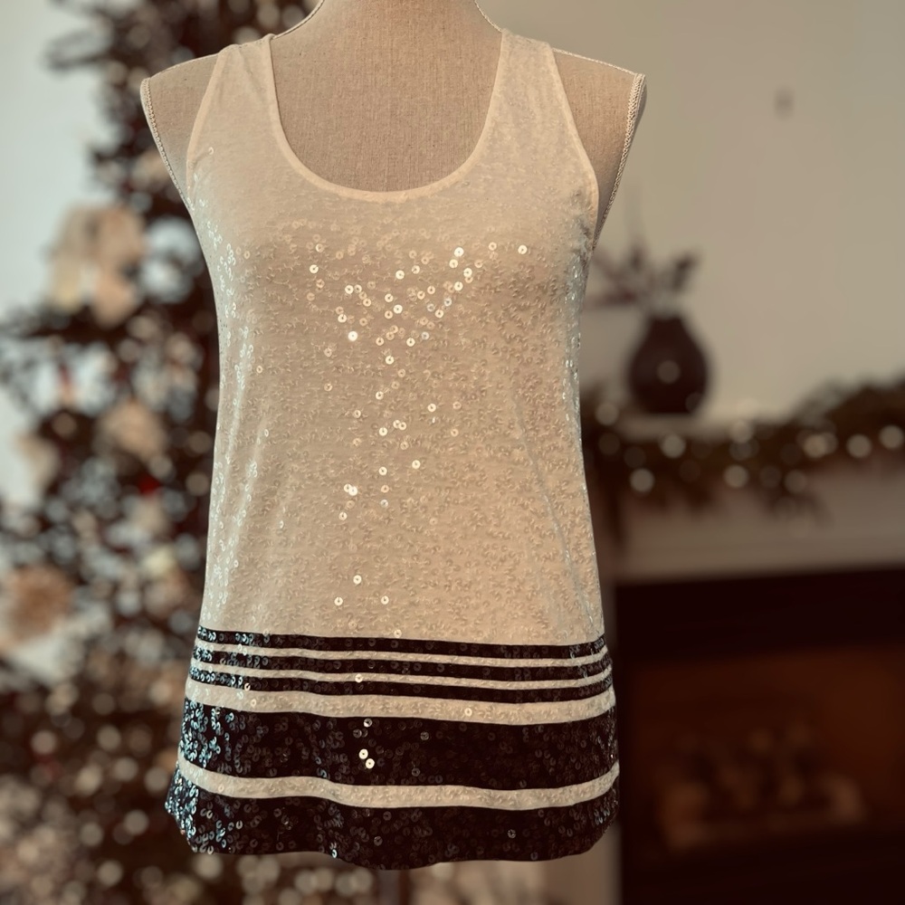 J. Crew Factory Black and Off White Scoop Neck Sleeveless Sequin Tank Top Small